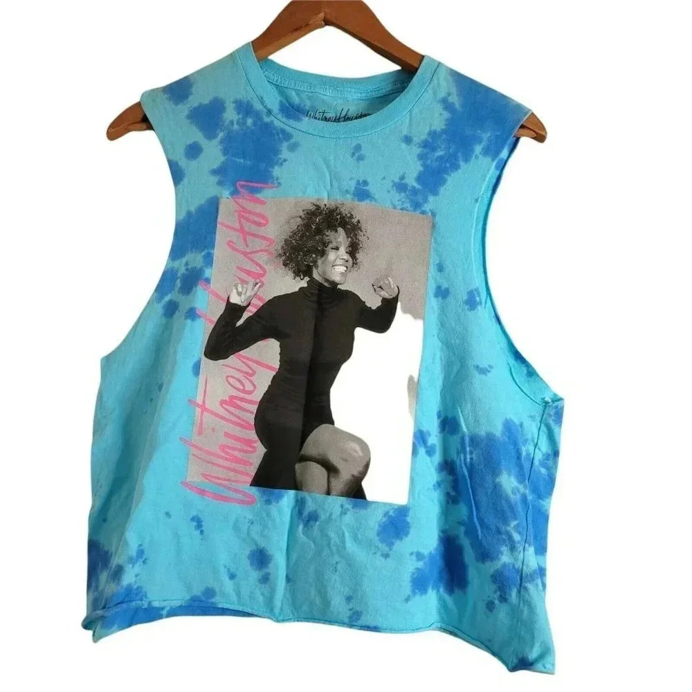 Whitney Houston size M T Shirt Womens Blue  Tie Dye Sleeveless Graphic raw hem